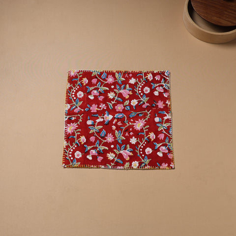 Hand Embroidered Floral Block Print Cotton Square Roti Napkin 36