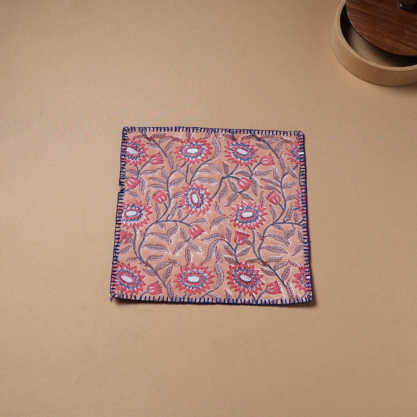 Hand Embroidered Floral Block Print Cotton Square Roti Napkin 37