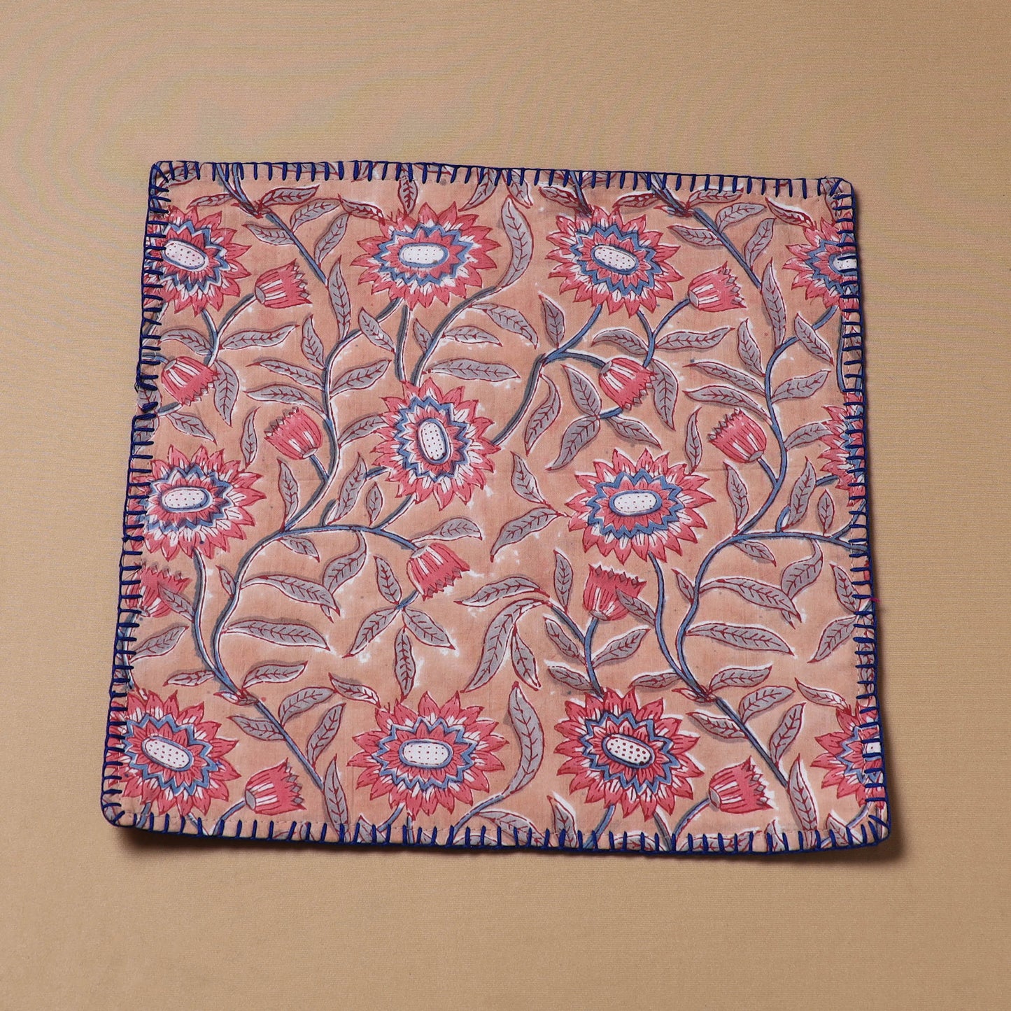 Hand Embroidered Floral Block Print Cotton Square Roti Napkin 37