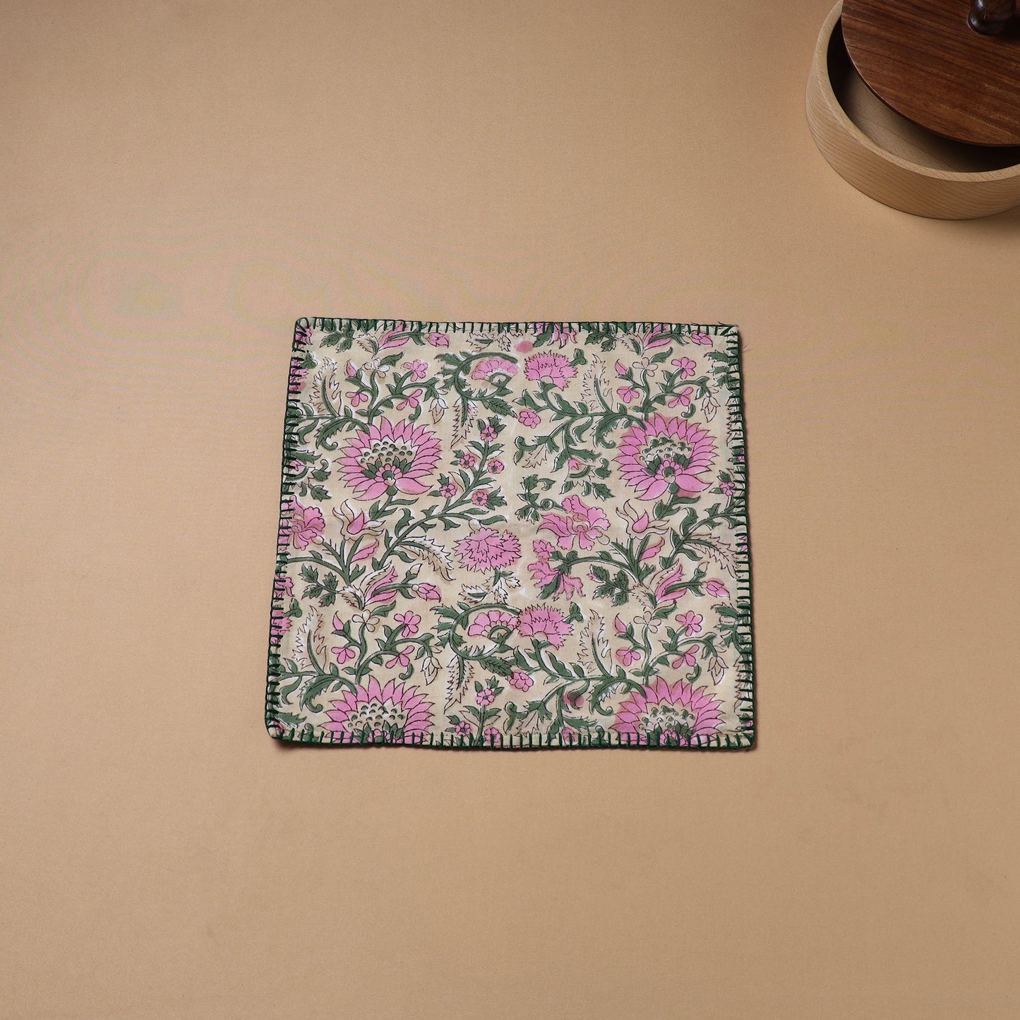 Hand Embroidered Floral Block Print Cotton Square Roti Napkin 38