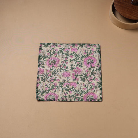 Hand Embroidered Floral Block Print Cotton Square Roti Napkin 38
