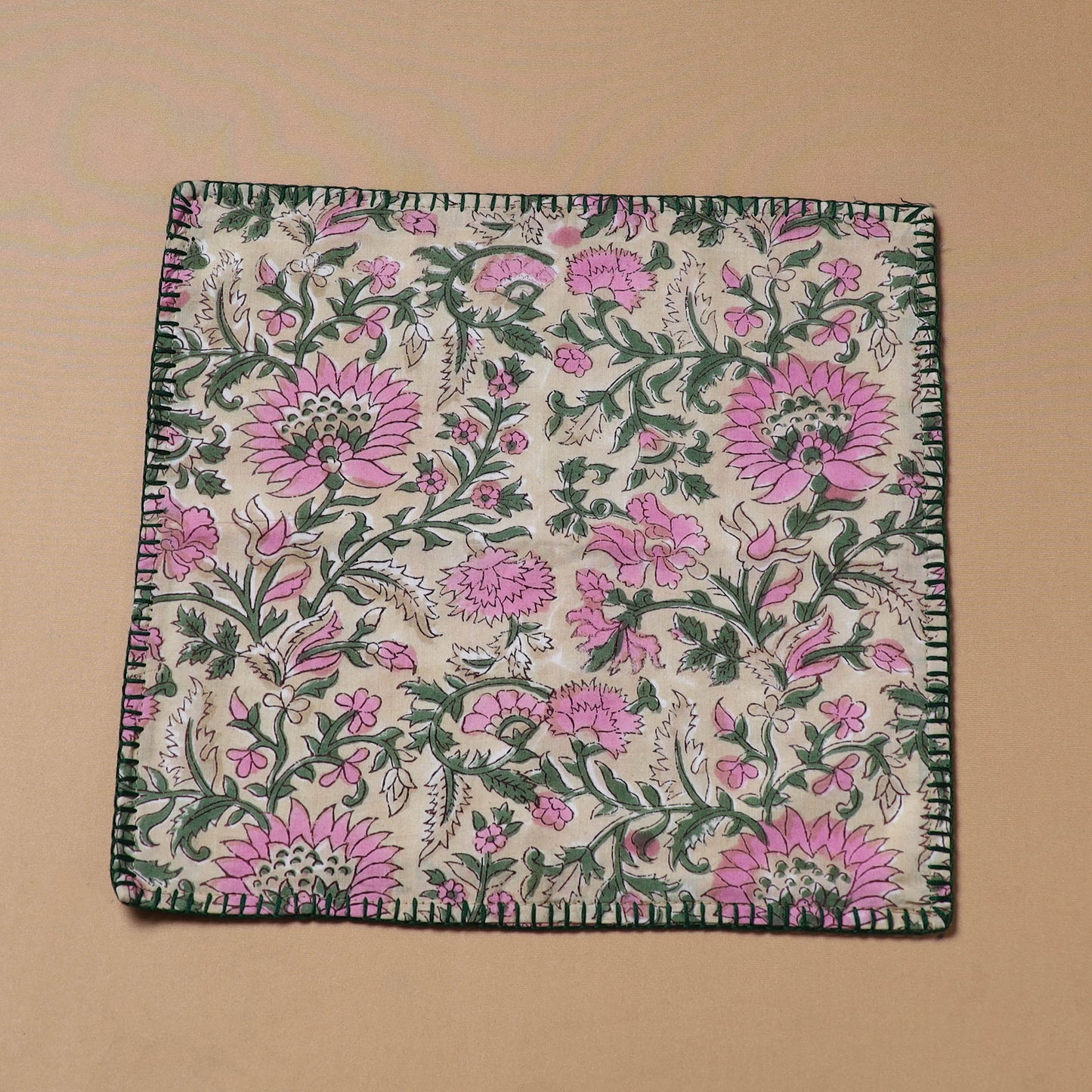Hand Embroidered Floral Block Print Cotton Square Roti Napkin 38