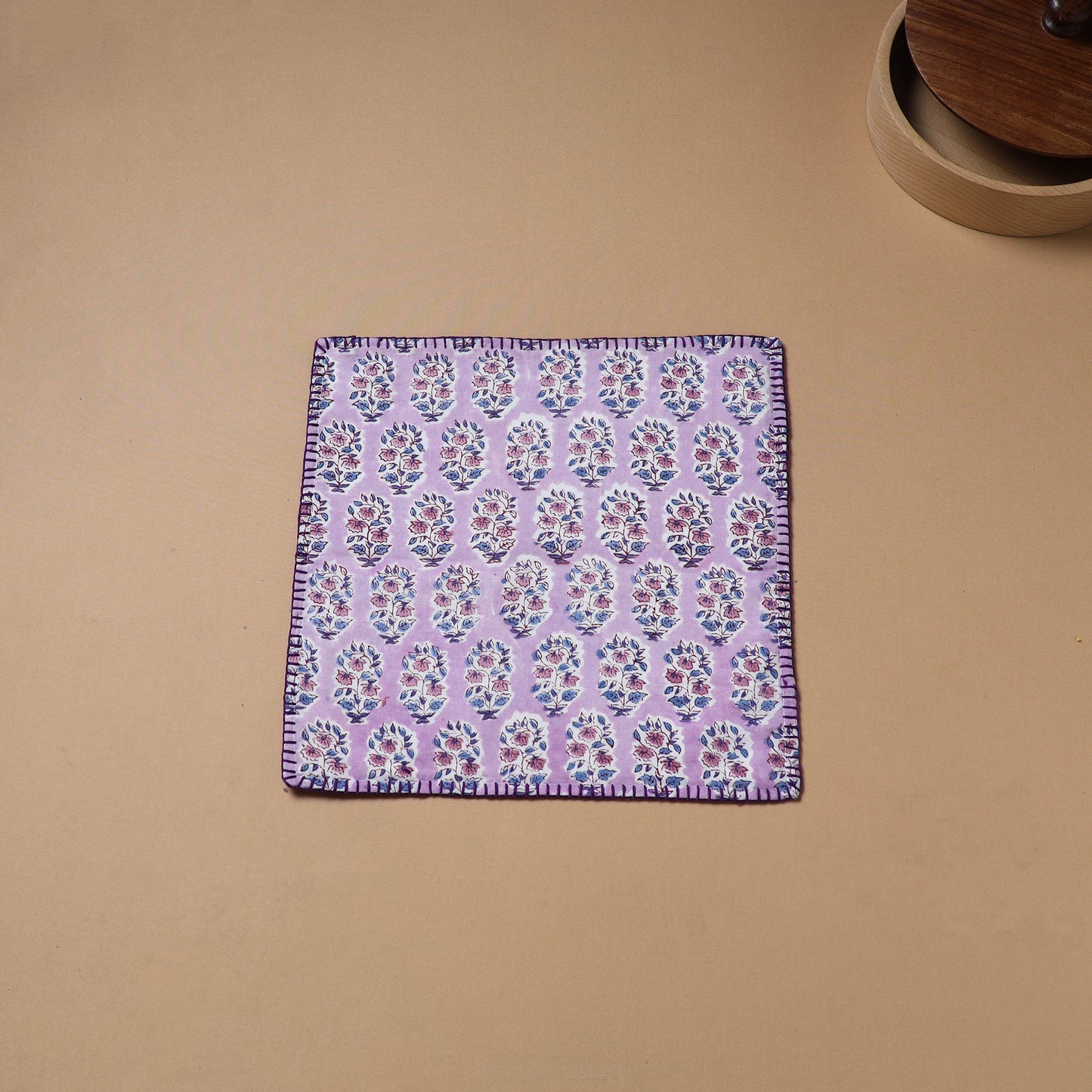Purple - Hand Embroidered Floral Block Print Cotton Square Roti Napkin 40