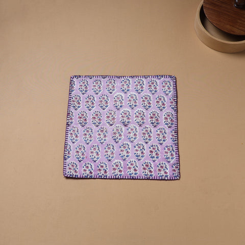 Hand Embroidered Floral Block Print Cotton Square Roti Napkin 40