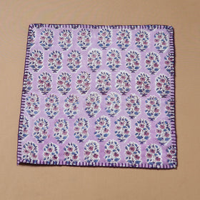 Purple - Hand Embroidered Floral Block Print Cotton Square Roti Napkin 40
