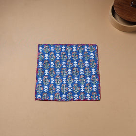 Blue - Hand Embroidered Floral Block Print Cotton Square Roti Napkin 41