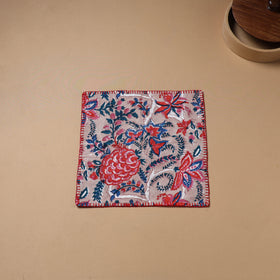 Pink - Hand Embroidered Floral Block Print Cotton Square Roti Napkin 43
