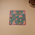 Green - Hand Embroidered Floral Block Print Cotton Square Roti Napkin 45