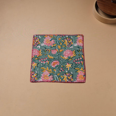 Hand Embroidered Floral Block Print Cotton Square Roti Napkin 45