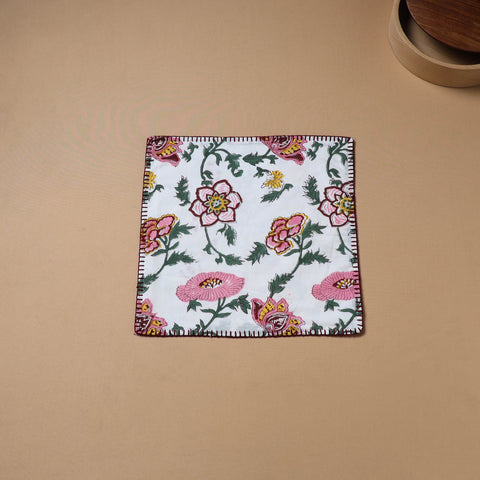Hand Embroidered Floral Block Print Cotton Square Roti Napkin 47