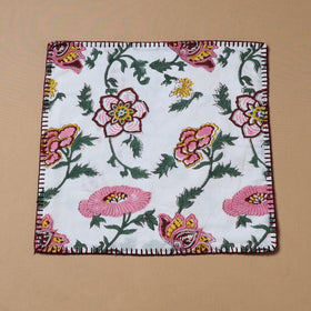 White - Hand Embroidered Floral Block Print Cotton Square Roti Napkin 47