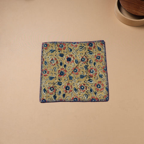 Yellow - Hand Embroidered Kalamkari Block Print Cotton Square Roti Napkin 51