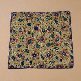 Yellow - Hand Embroidered Kalamkari Block Print Cotton Square Roti Napkin 51