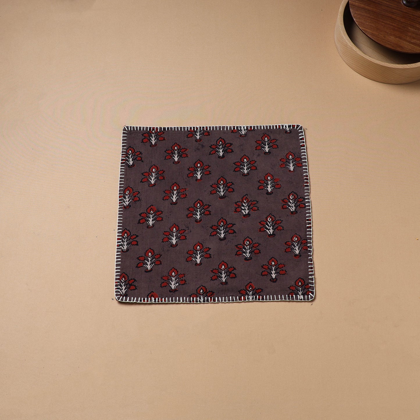Maroon - Hand Embroidered Ajrakh Block Print Cotton Square Roti Napkin 50