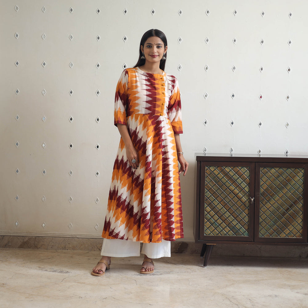 Multicolor - Handloom Cotton Flared Pochampally Ikat Kurta 16