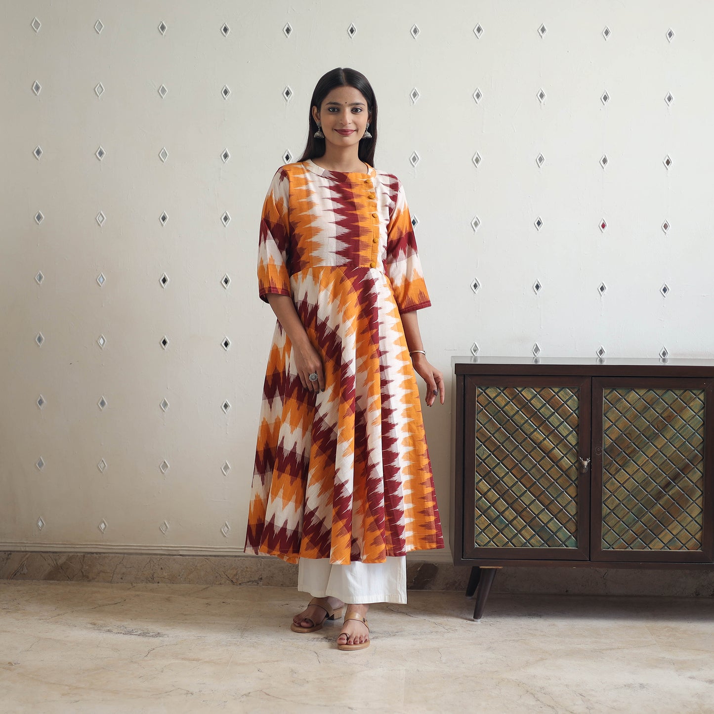 Multicolor - Handloom Cotton Flared Pochampally Ikat Kurta 16