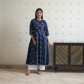 Blue - Cotton Flared Pochampally Ikat Kurta 18