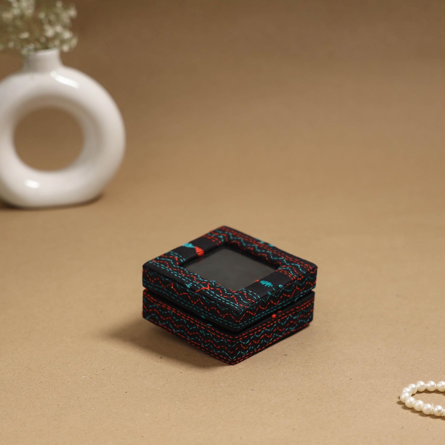 Handcrafted Bengal Kantha Work Fabric Ring/Earring Box 68