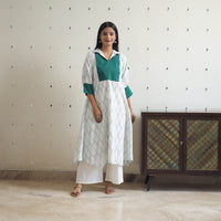 White - Handloom Cotton Pochampally Ikat Kurta with Patchwork 01