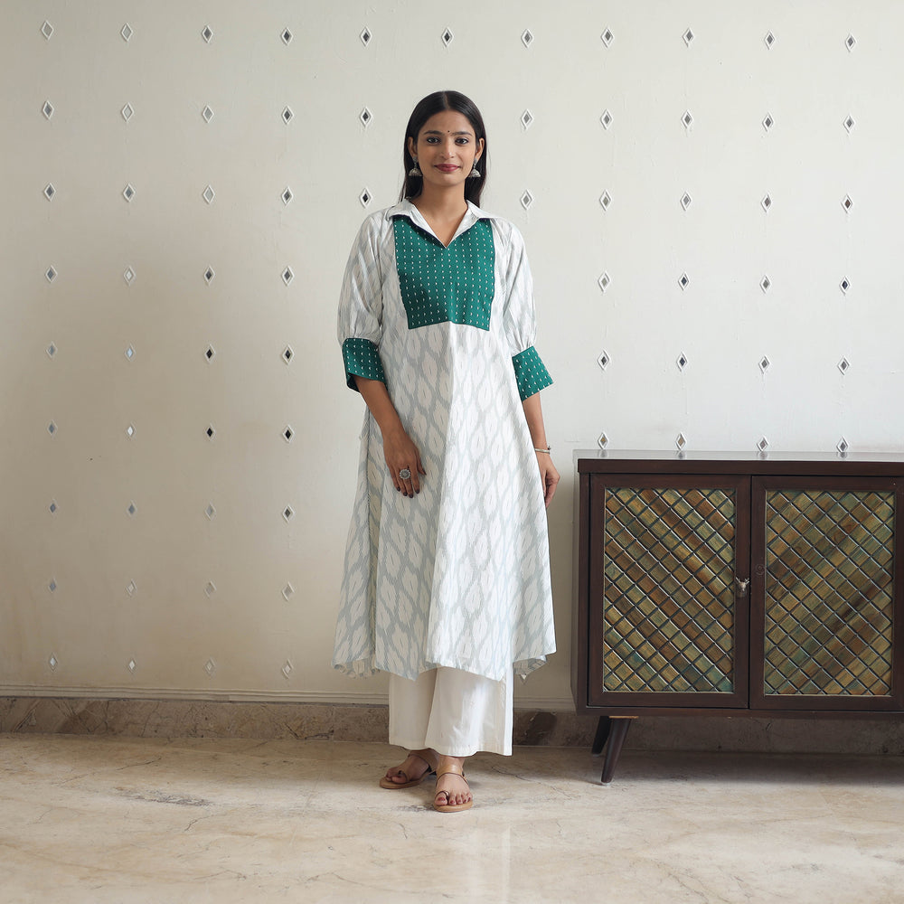 White - Handloom Cotton Pochampally Ikat Kurta with Patchwork 01