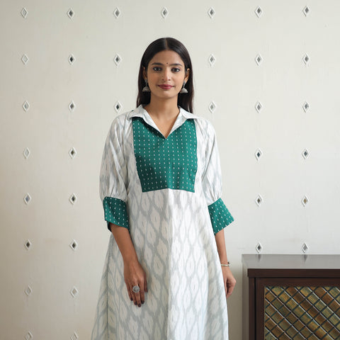 White - Handloom Cotton Pochampally Ikat Kurta with Patchwork 01