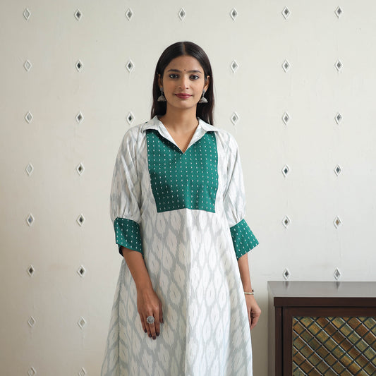 White - Handloom Cotton Pochampally Ikat Kurta with Patchwork 01