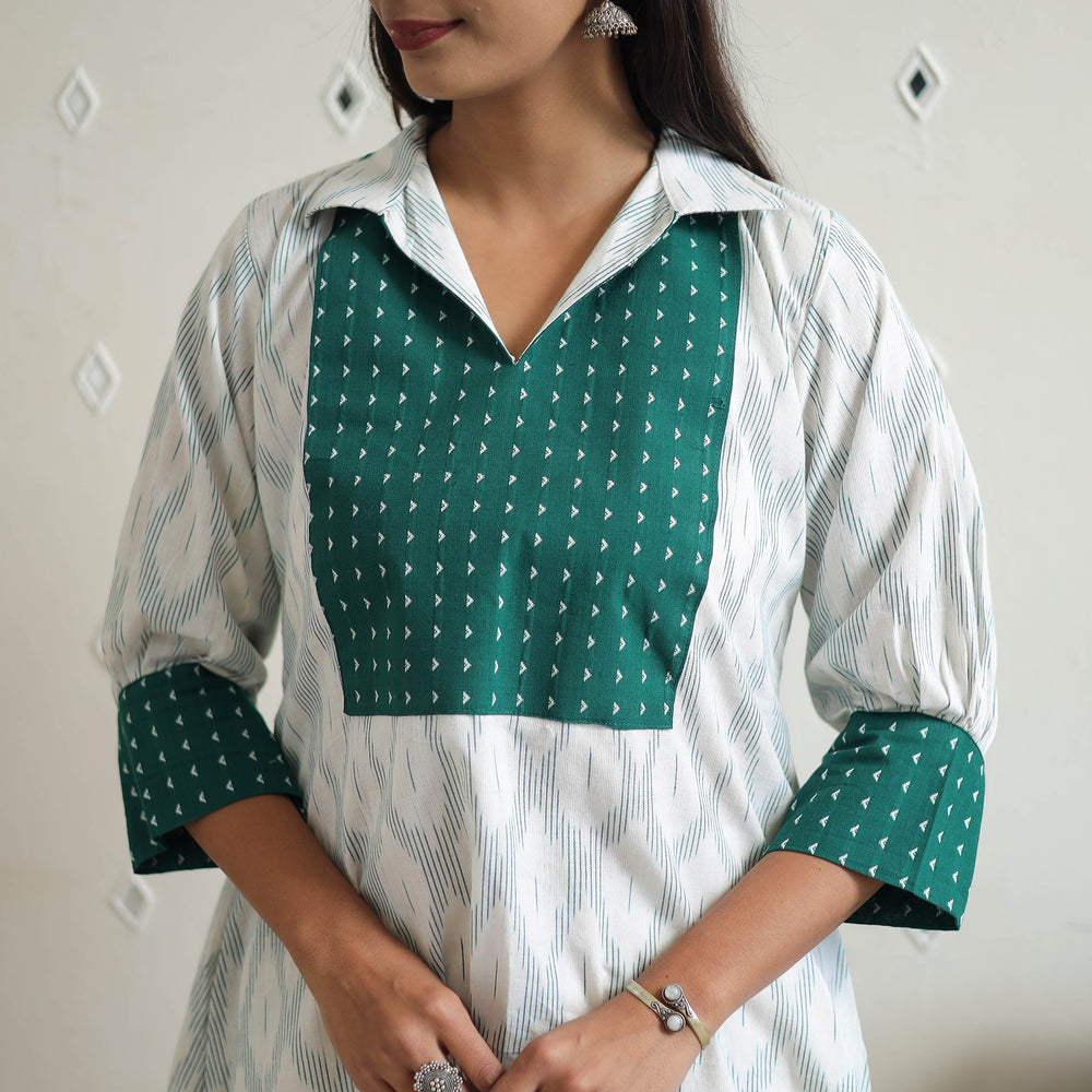 White - Handloom Cotton Pochampally Ikat Kurta with Patchwork 01