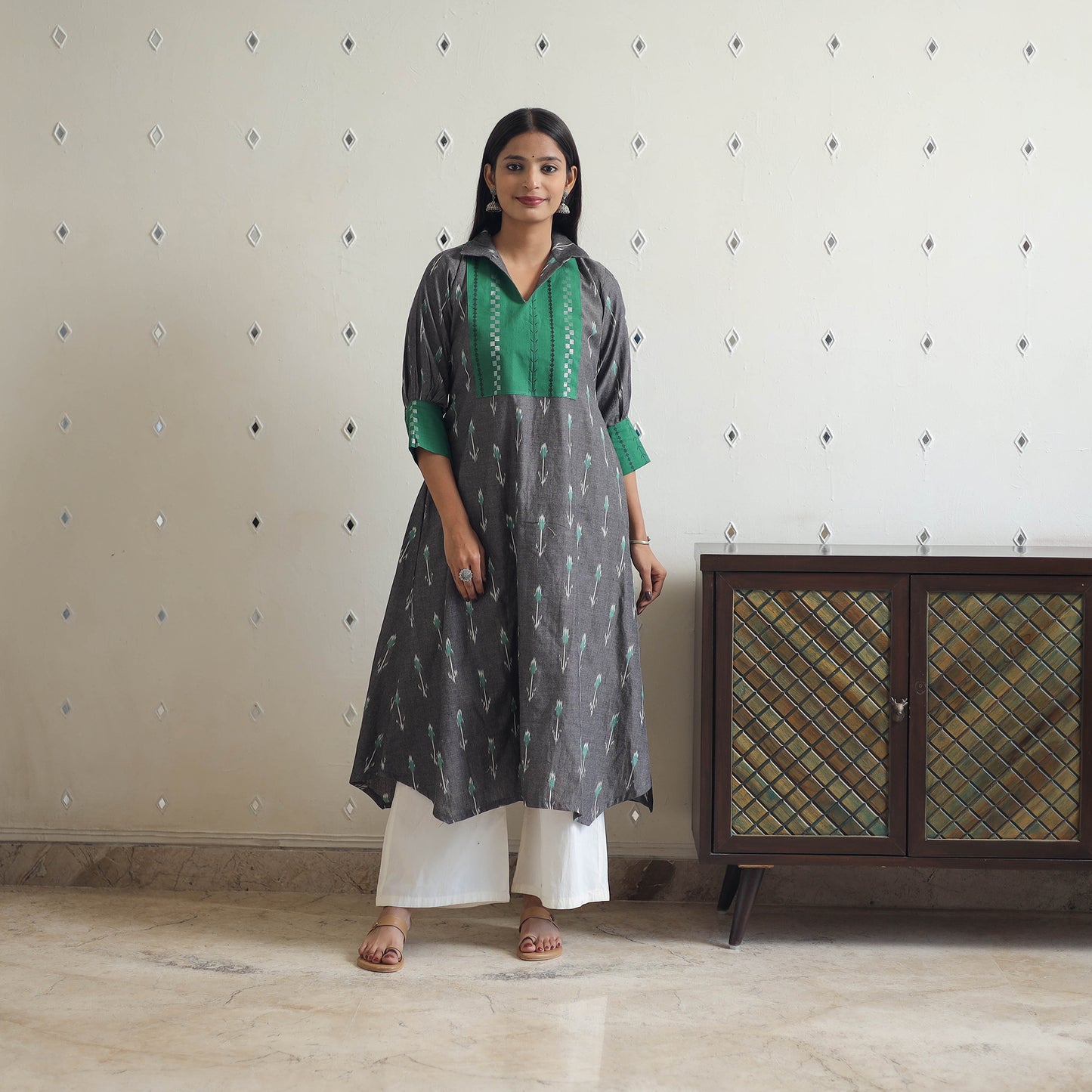 Handloom Cotton Pochampally Ikat Kurta with Patchwork 05