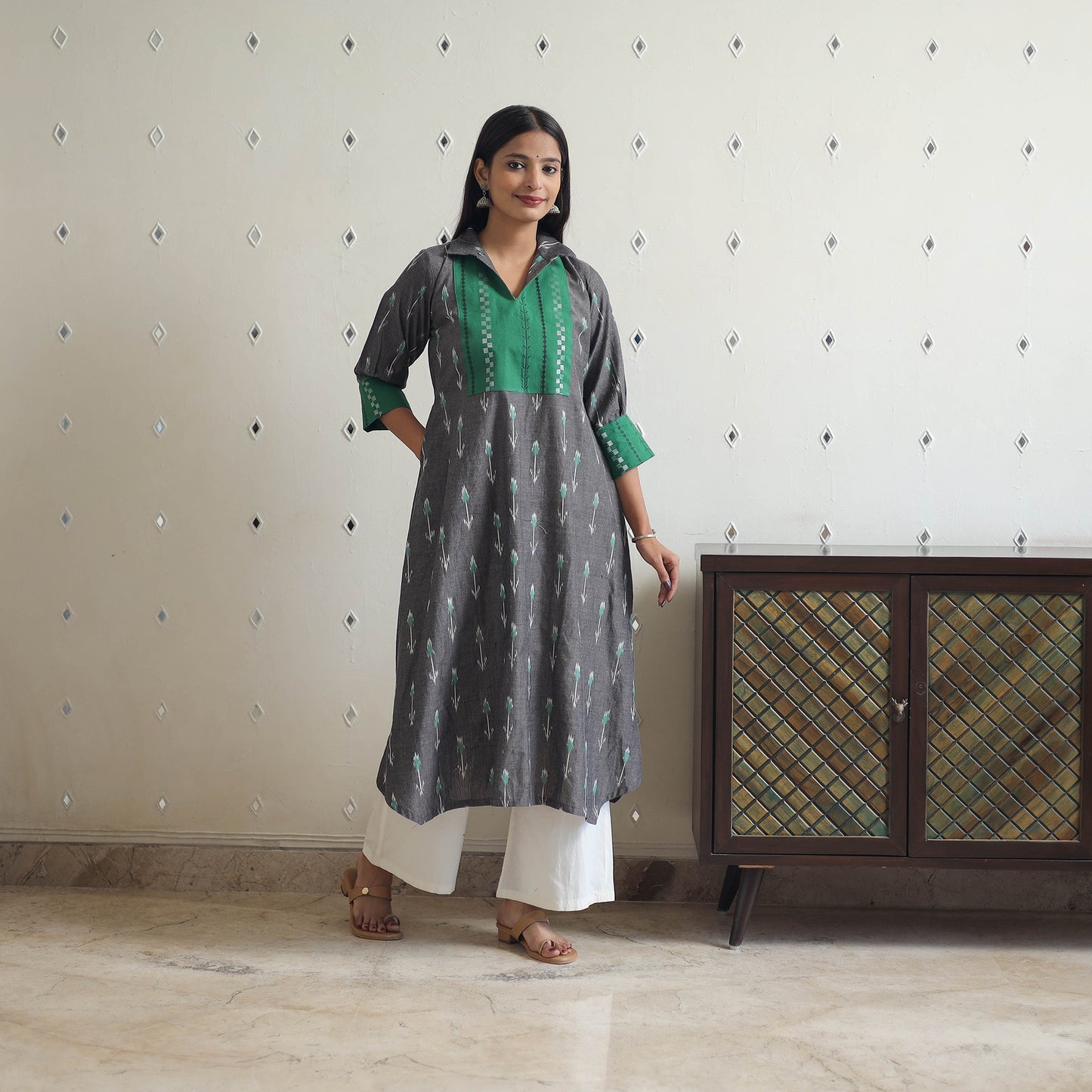 Handloom Cotton Pochampally Ikat Kurta with Patchwork 05