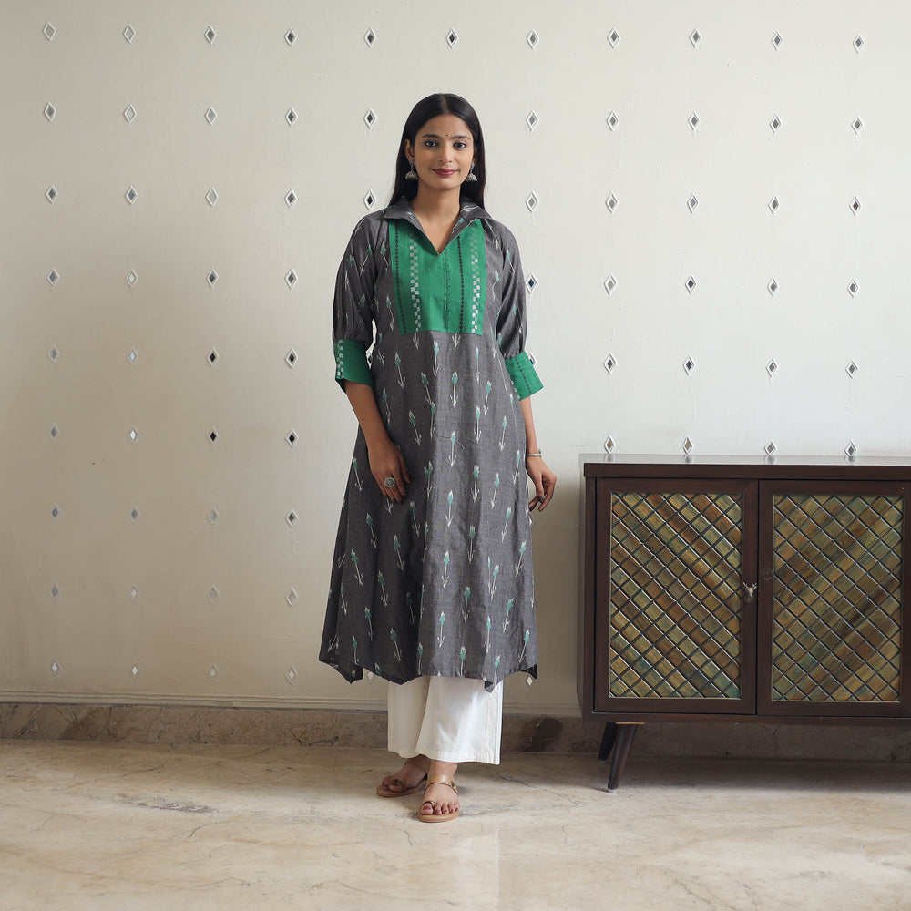 Handloom Cotton Pochampally Ikat Kurta with Patchwork 05