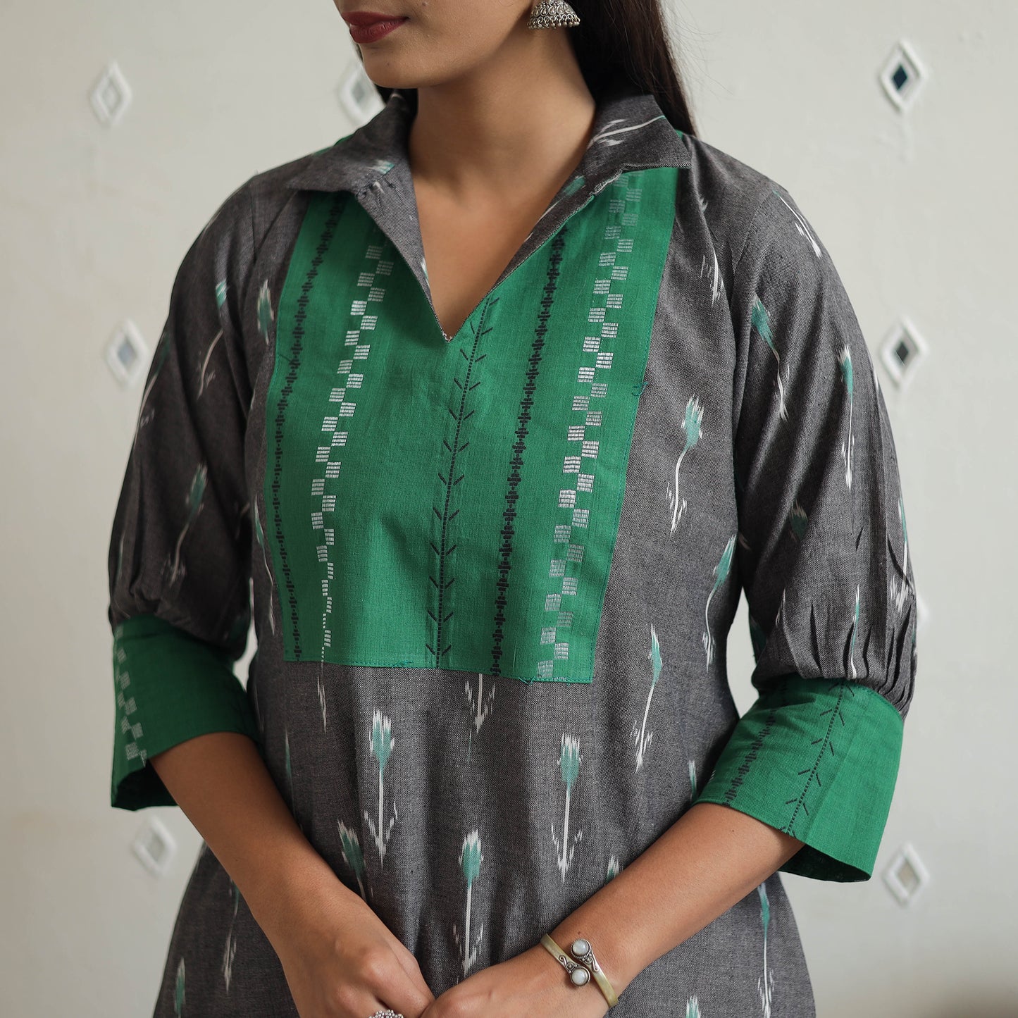 Handloom Cotton Pochampally Ikat Kurta with Patchwork 05