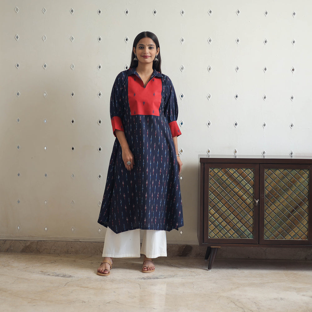 Handloom Cotton Pochampally Ikat Kurta with Patchwork 02