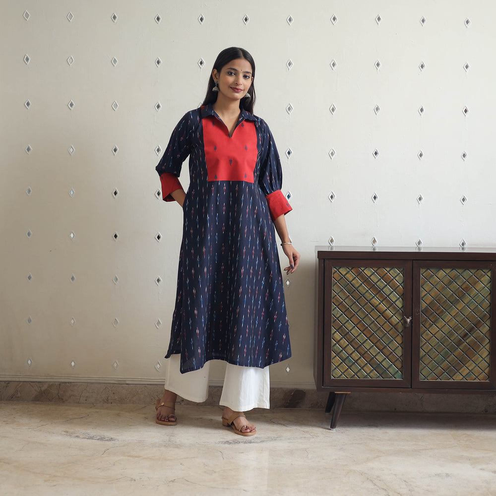 Handloom Cotton Pochampally Ikat Kurta with Patchwork 02