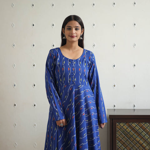 Blue - Cotton Flared Pochampally Ikat Kurta 12