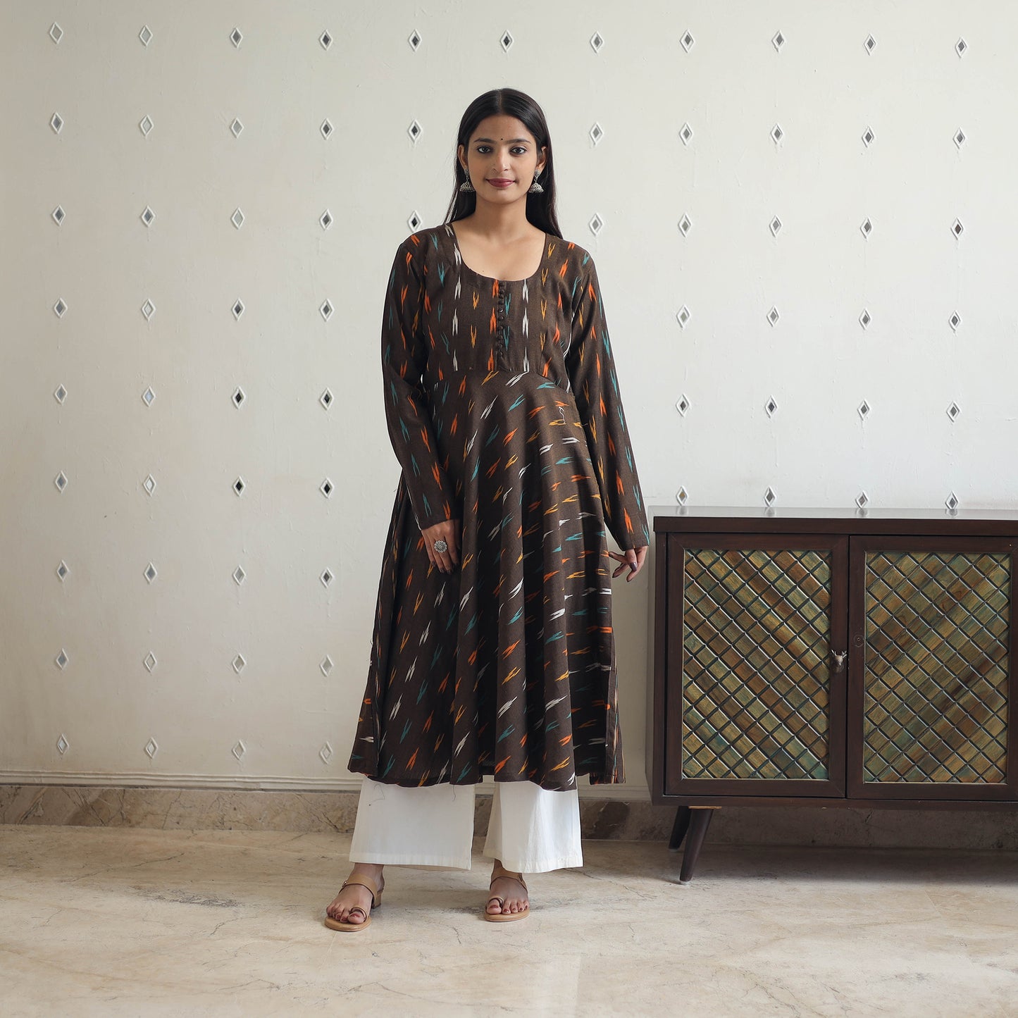 Brown - Handloom Cotton Flared Pochampally Ikat Kurta 11