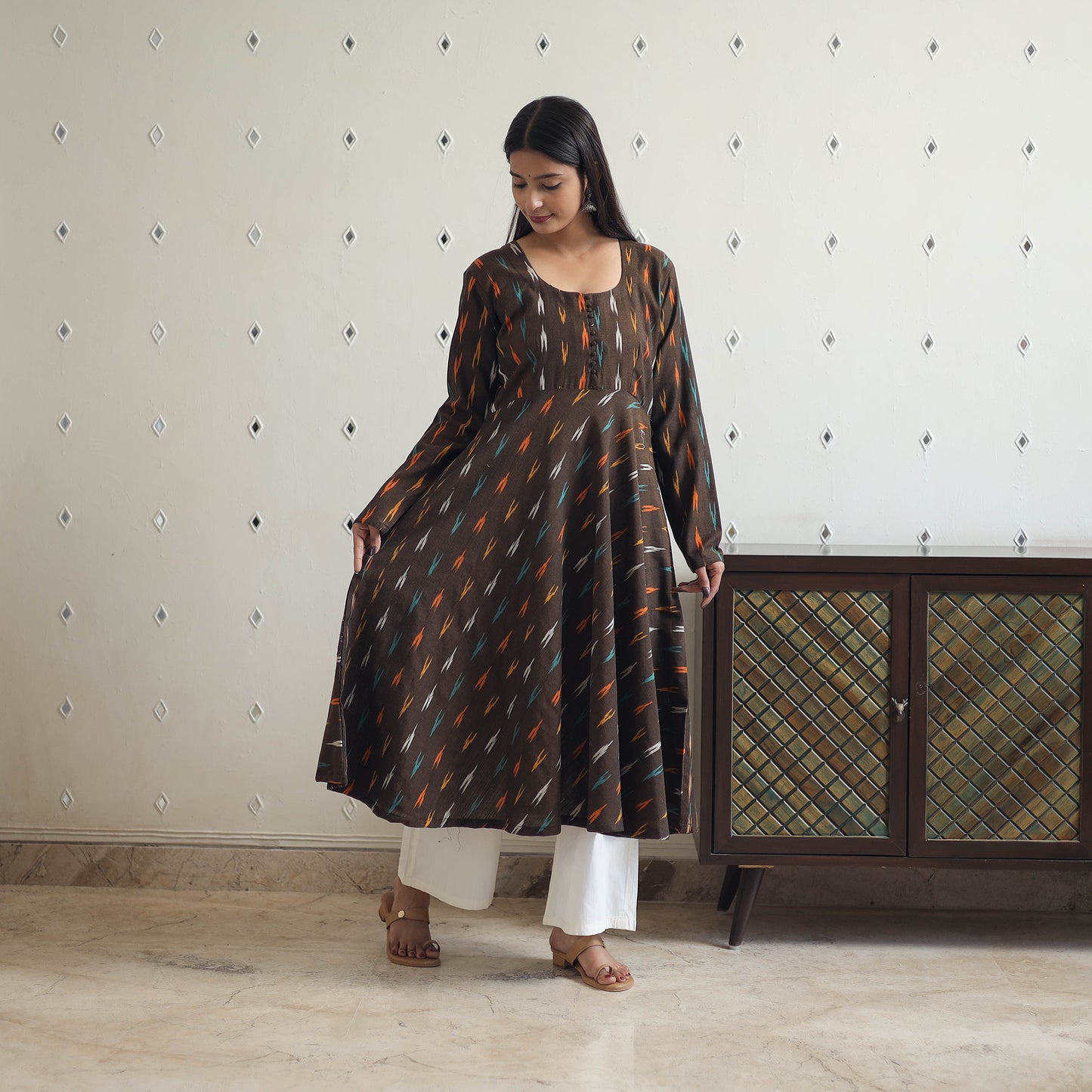 Brown - Handloom Cotton Flared Pochampally Ikat Kurta 11