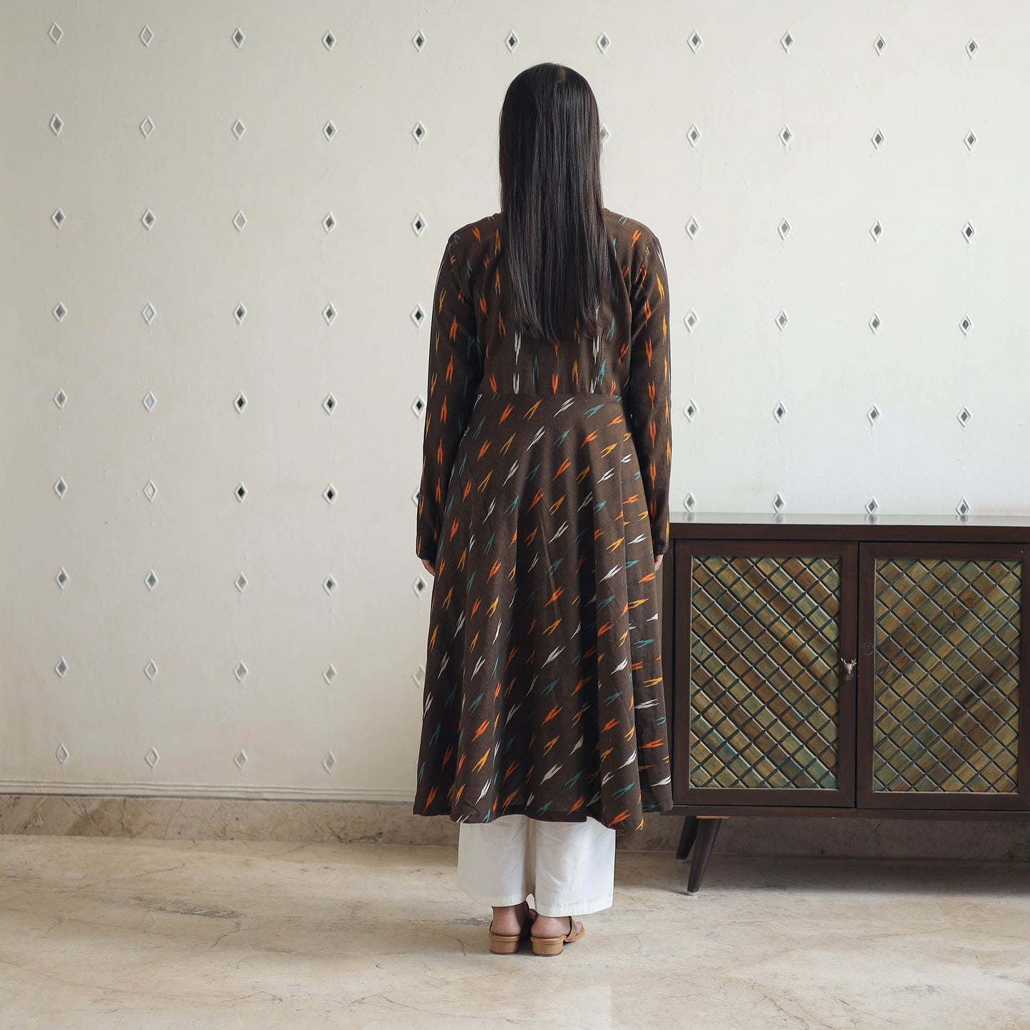 Brown - Handloom Cotton Flared Pochampally Ikat Kurta 11