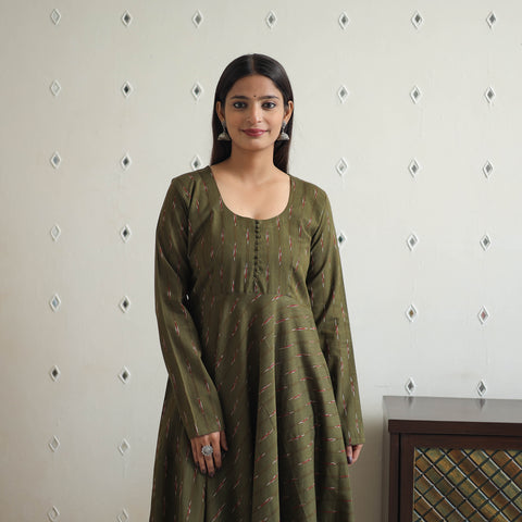 Green - Cotton Flared Pochampally Ikat Kurta 15