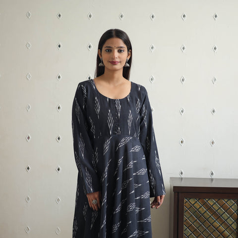 Blue - Cotton Flared Pochampally Ikat Kurta 14