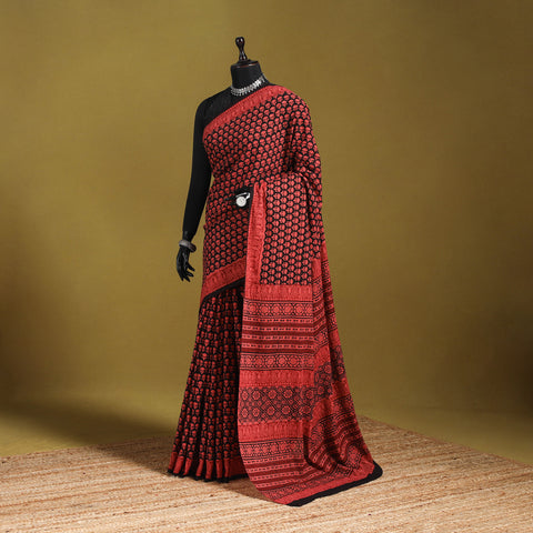 Red - mul cotton hand bagru saree 27 - handcrafted