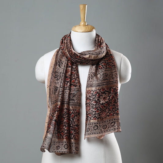 Brown - Pedana Kalamkari Block Printed Chanderi Silk Stole with Zari Border