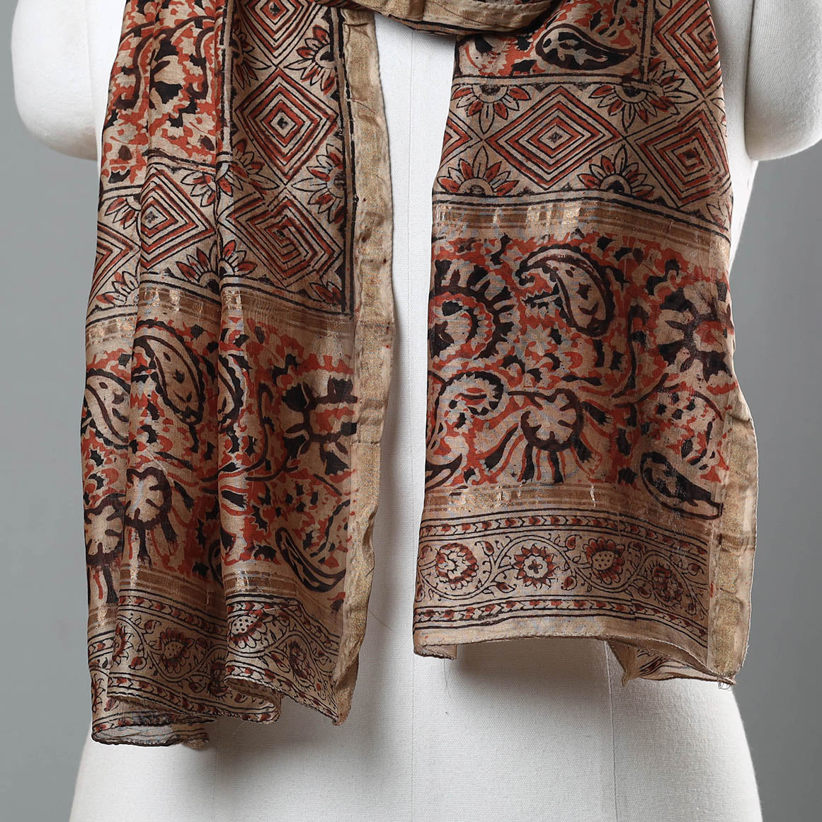 Brown - Pedana Kalamkari Block Printed Chanderi Silk Stole with Zari Border