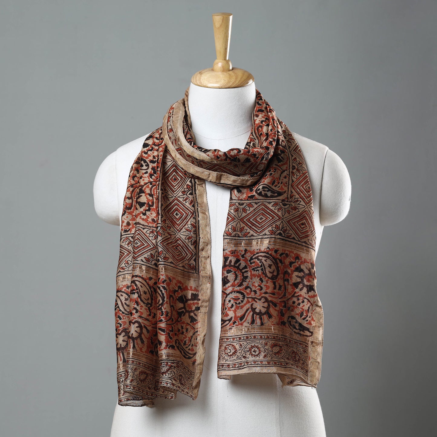 Brown - Pedana Kalamkari Block Printed Chanderi Silk Stole with Zari Border