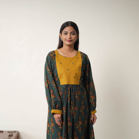 Green - Hand Block Print Cotton Flared Gher Ajrakh Dress 11