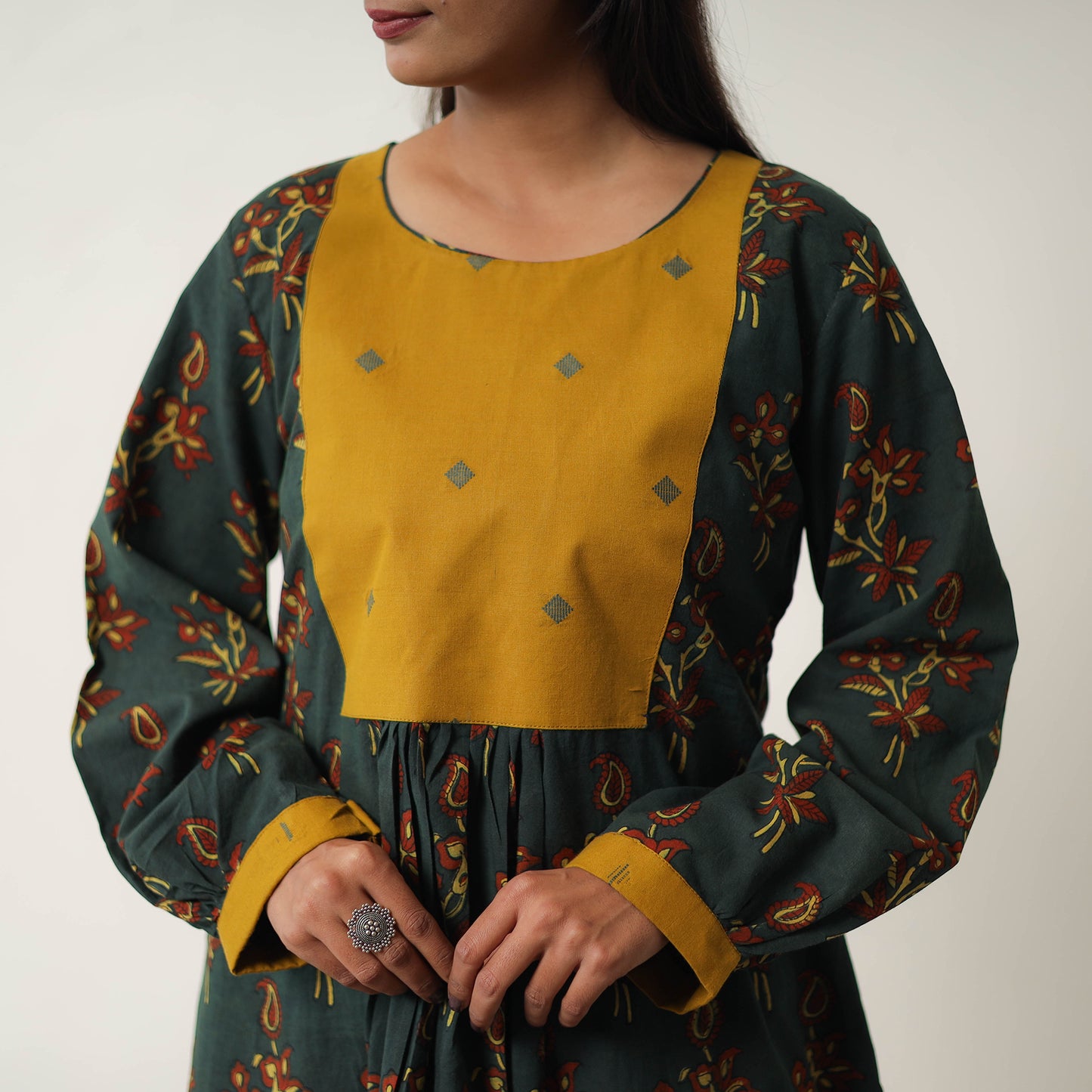 Hand Block Print Cotton Flared Gher Ajrakh Dress 11