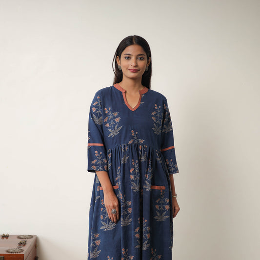 Hand Block Print Cotton Flared Gher Ajrakh Dress 07