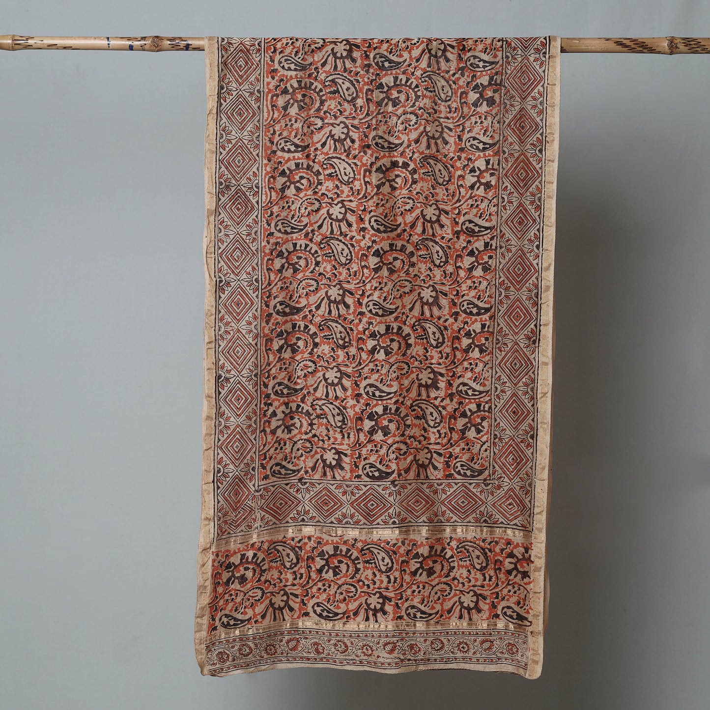 Brown - Pedana Kalamkari Block Printed Chanderi Silk Stole with Zari Border