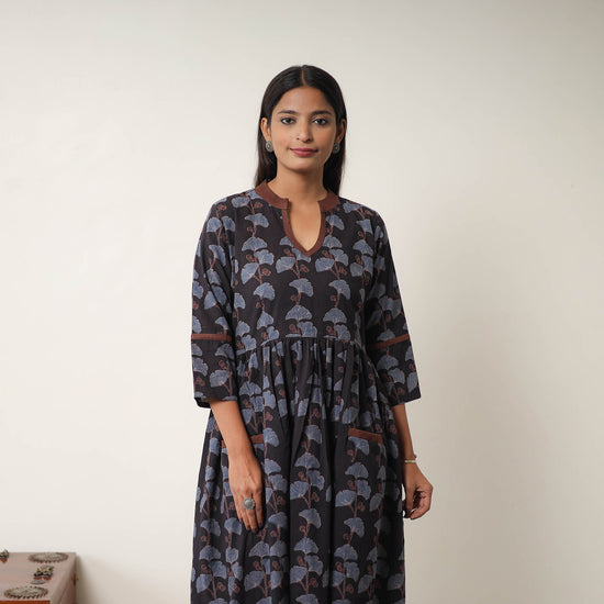 Black - Hand Block Print Cotton Flared Gher Ajrakh Dress 06