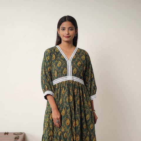 Green - Hand Block Print Cotton Tiered Ajrakh Dress 16