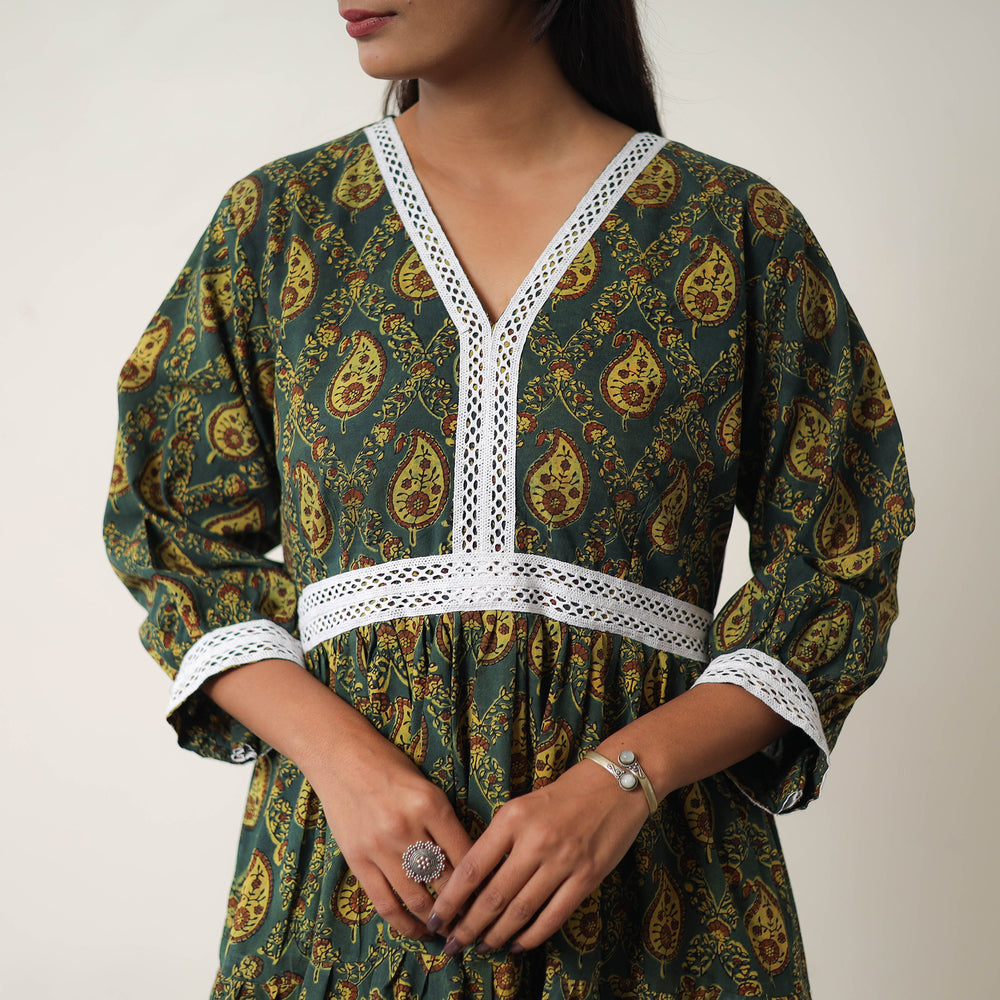 Hand Block Print Cotton Tiered Ajrakh Dress 16